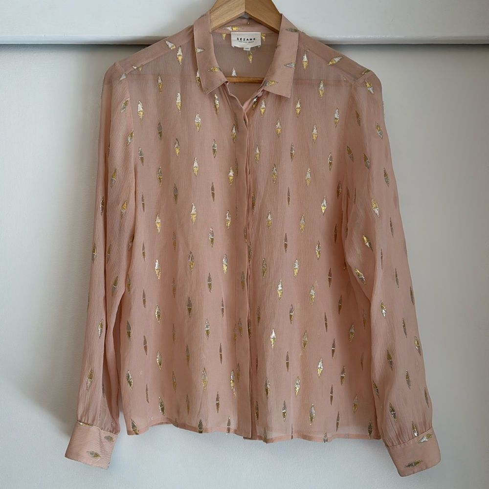 Sezane Pink and Gold Button Down Shirt